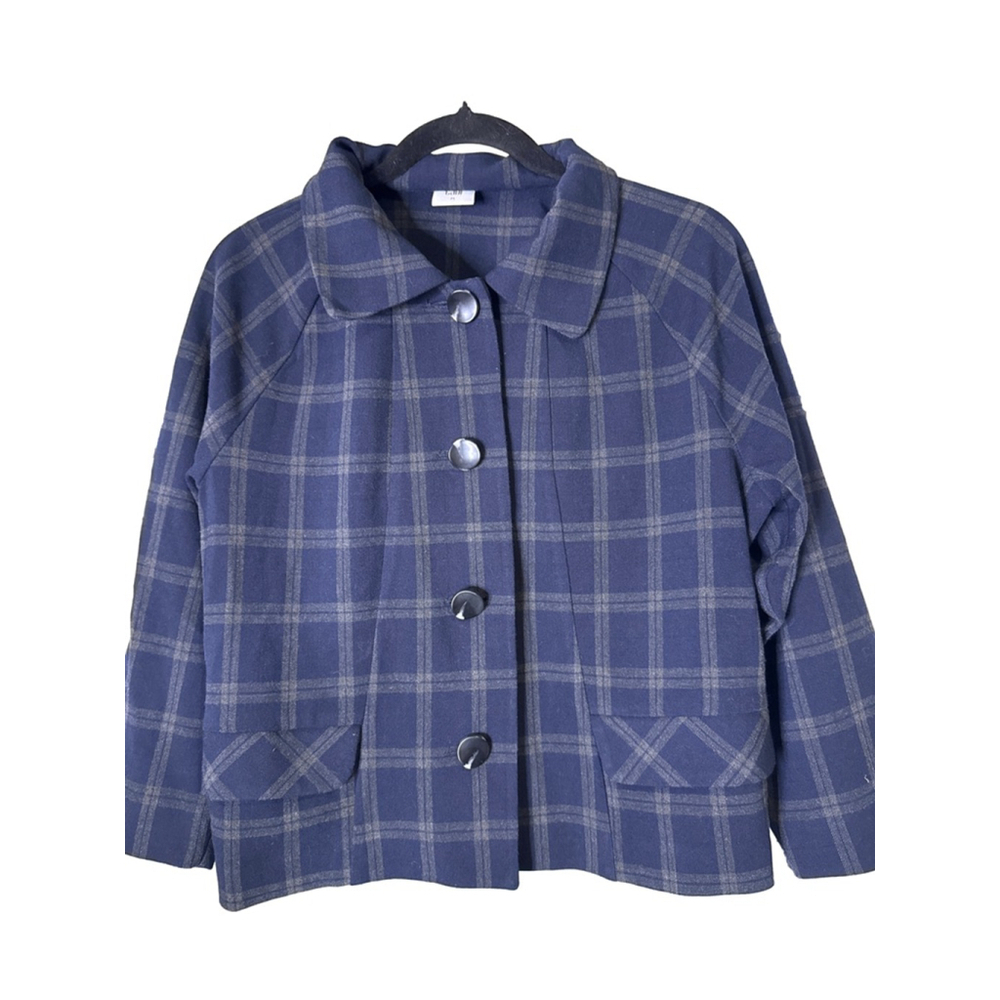 Cabi Women’s Blue Brown Plaid Blazer Jacket Four Button Front Size M